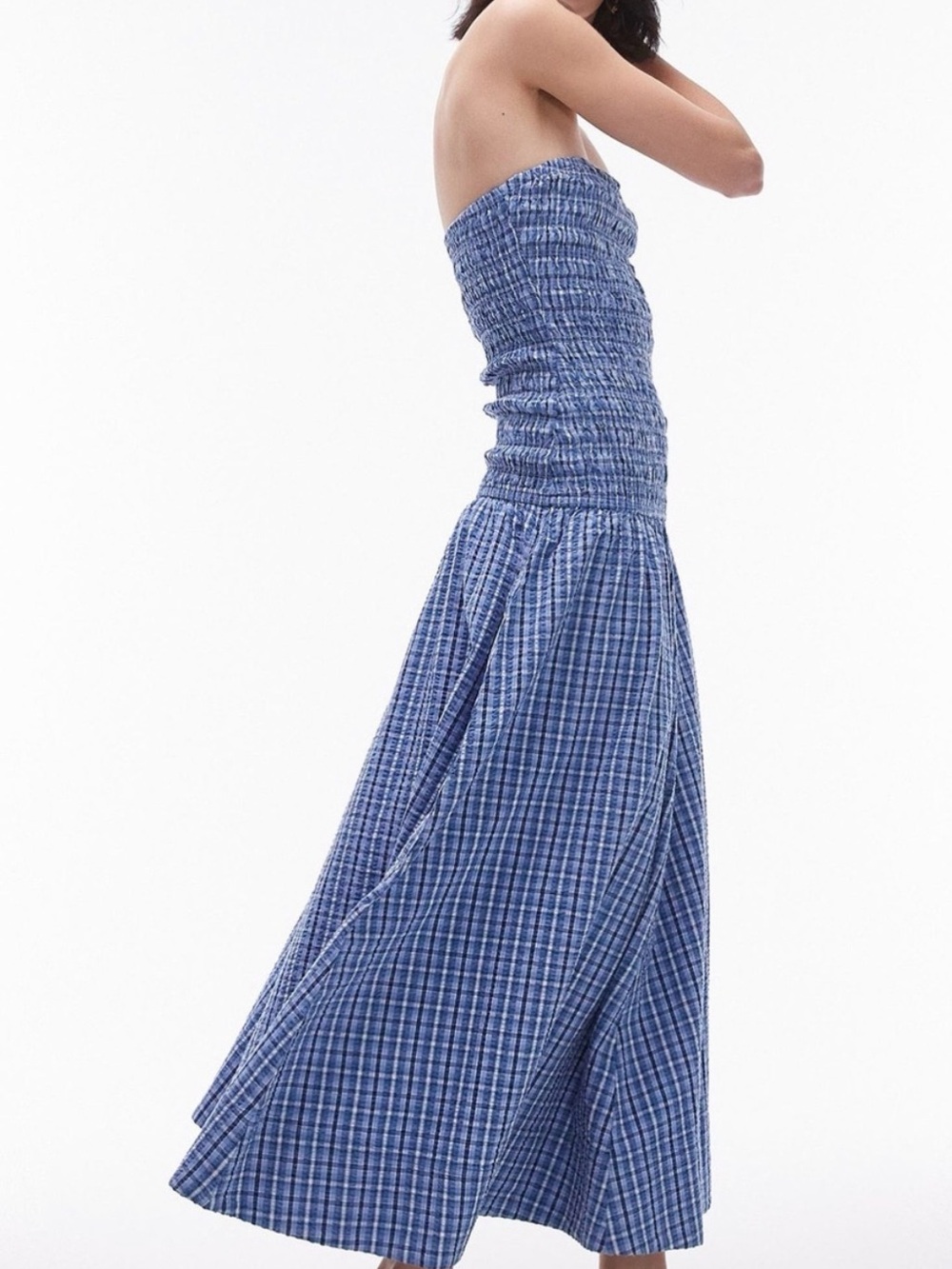 Topshop Blue Smocked Strapless drop waist dress